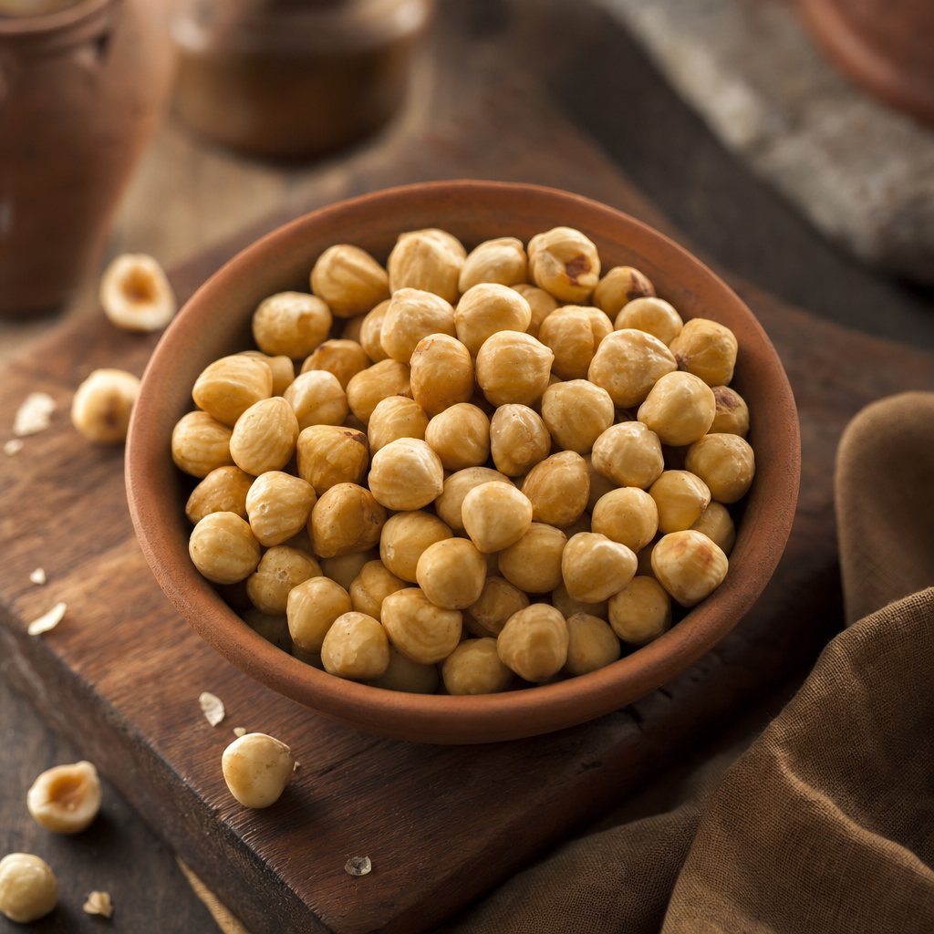 Lightly roasted blanched hazelnut kernels, skins removed, in a terracotta bowl on aged wood.