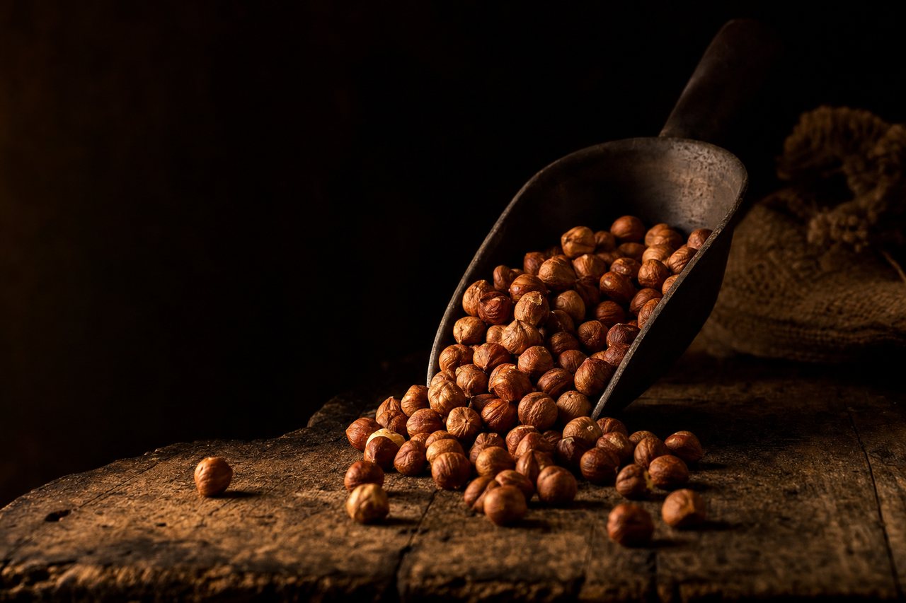 Roasted hazelnut kernels pouring from a worn steel scoop onto dark weathered wood in warm light.