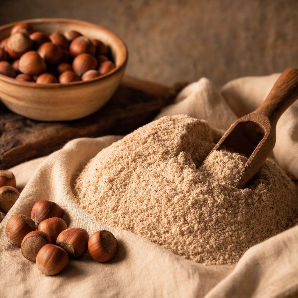 A mound of finely milled hazelnut flour with a wooden scoop, a bowl of in-shell hazelnuts behind, on warm linen.