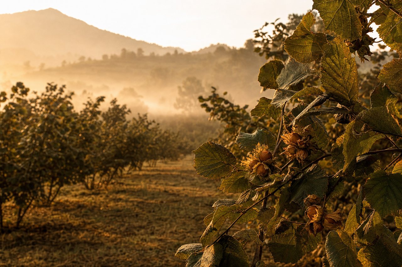 Rows of hazel trees in a Samegrelo orchard at golden hour, branches heavy with ripening clusters above soft morning mist.