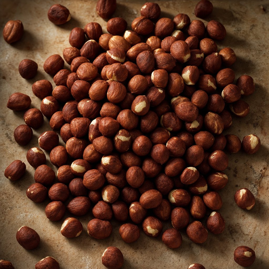 A heap of raw whole hazelnut kernels with glossy amber skins, on warm stone.