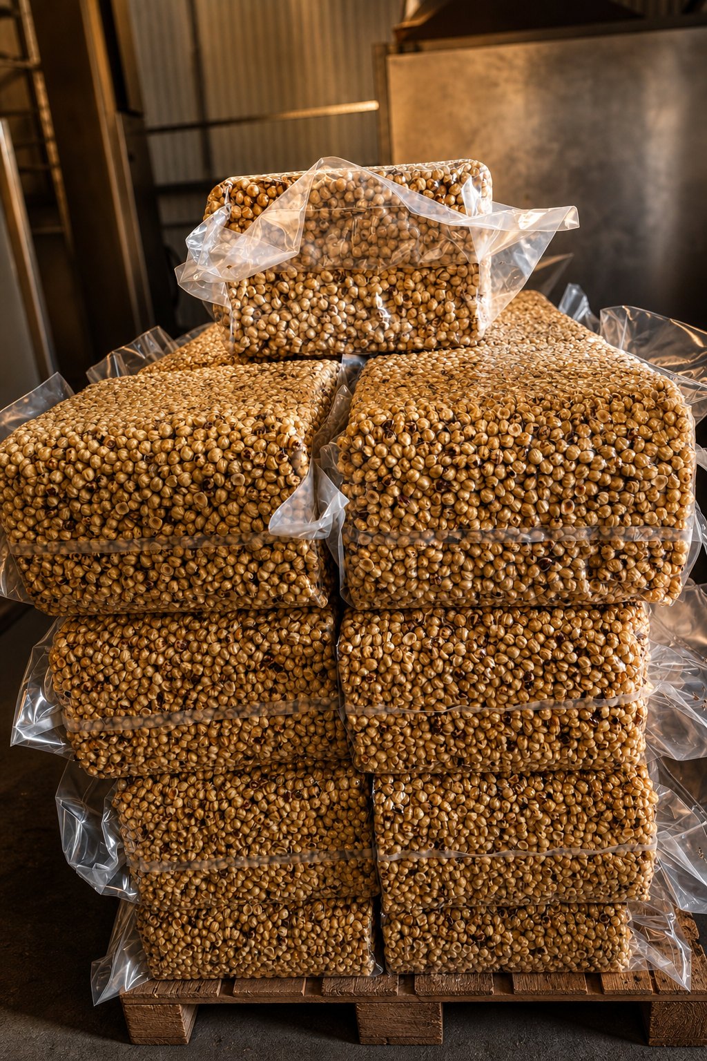 Vacuum-packed blocks of hazelnut kernels stacked on a pallet, part of the year-round reserve.