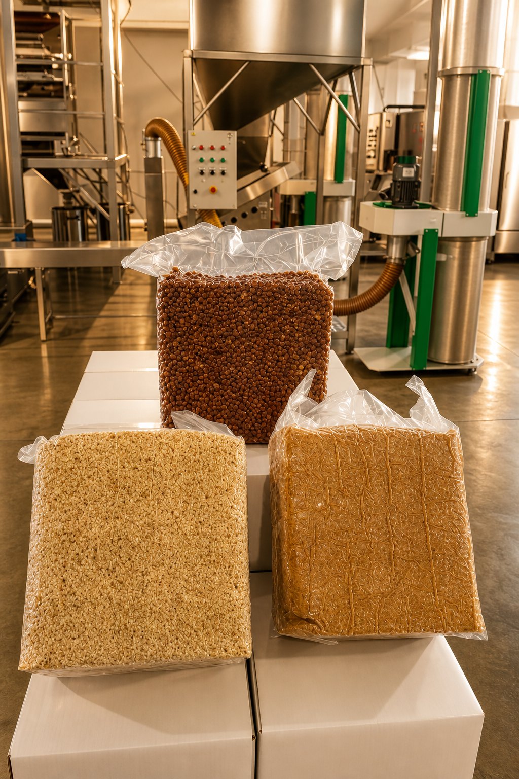 The processing line: sorting and packing equipment beside stacked, vacuum-packed kernel blocks.