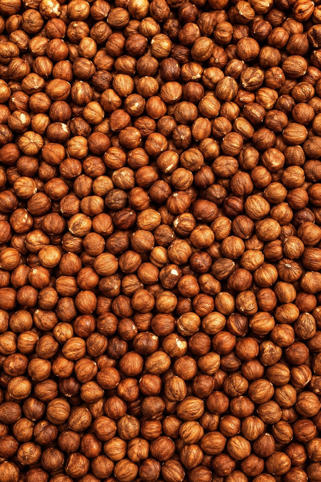 Close-up of clean in-shell hazelnuts, graded to a uniform caliber.